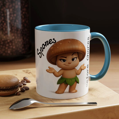 “Funny Mushroom Coffee Mug – Spores Before Chores" (11 oz) Right Side-Multiple Colors by Printify