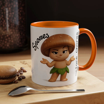 “Funny Mushroom Coffee Mug – Spores Before Chores" (11 oz) Right Side-Multiple Colors by Printify