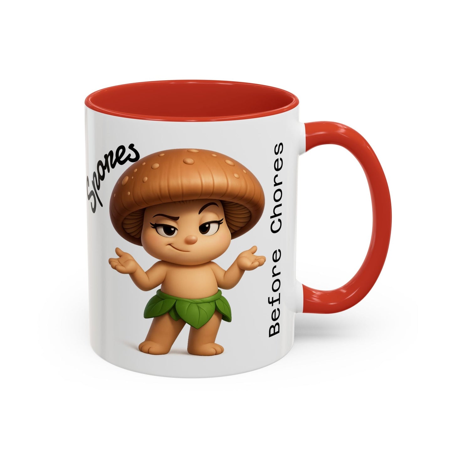 “Funny Mushroom Coffee Mug – Spores Before Chores" (11 oz) Right Side-Multiple Colors by Printify