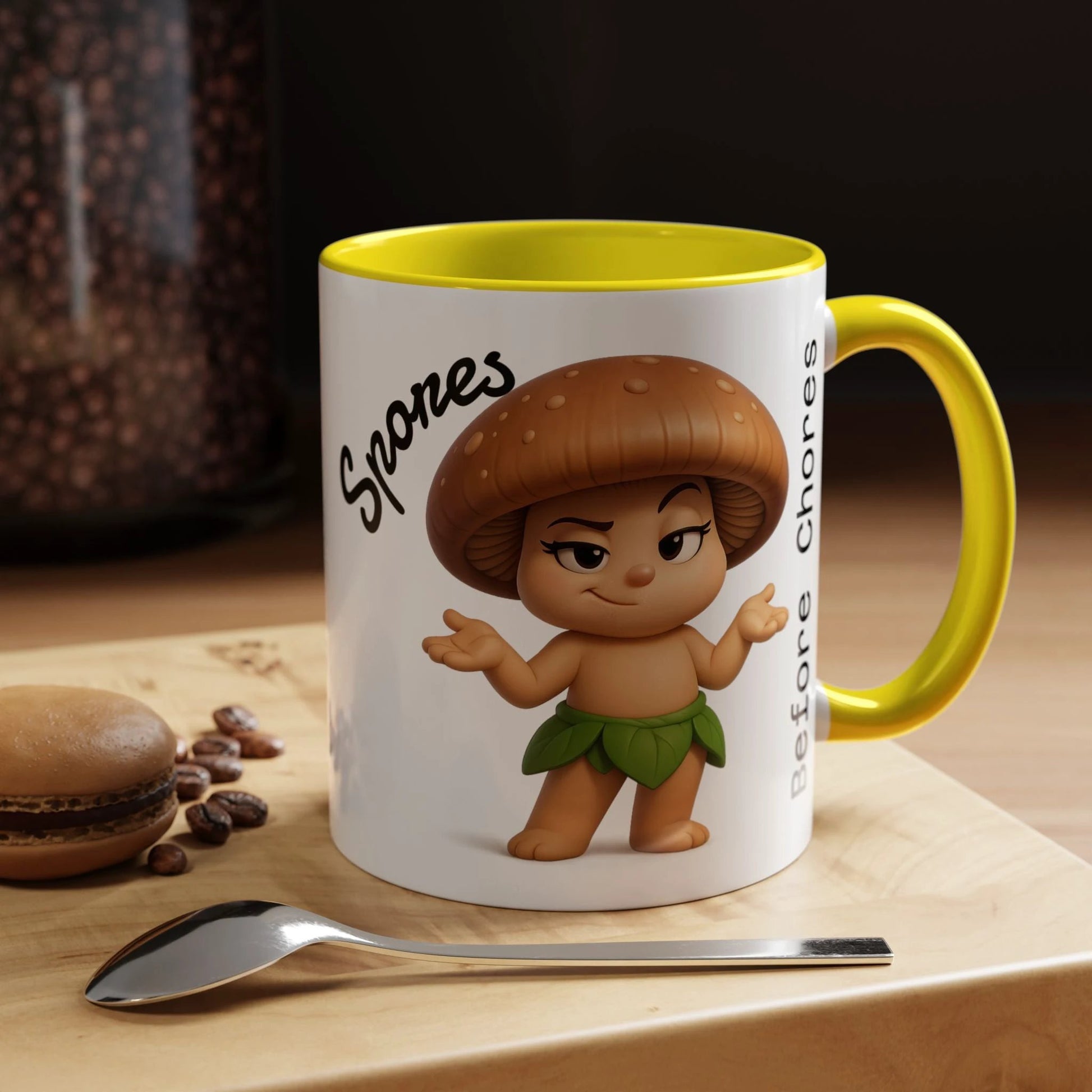 “Funny Mushroom Coffee Mug – Spores Before Chores" (11 oz) Right Side-Multiple Colors by Printify