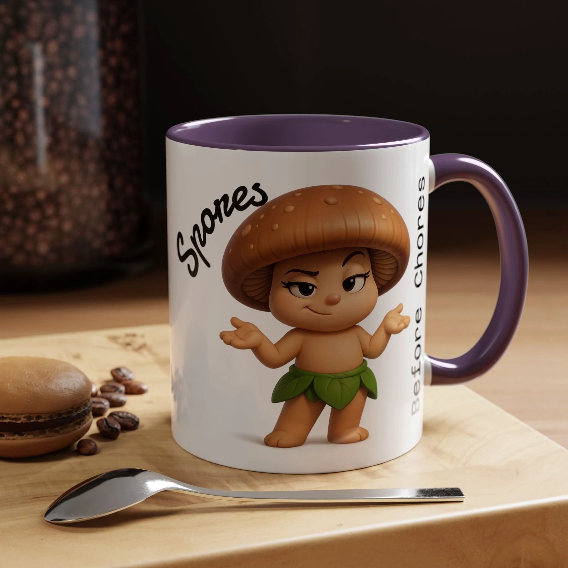 “Funny Mushroom Coffee Mug – Spores Before Chores" (11 oz) Right Side-Multiple Colors by Printify