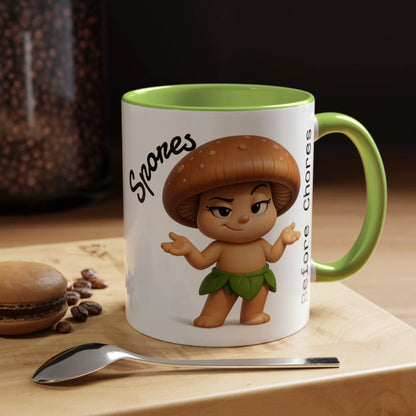 “Funny Mushroom Coffee Mug – Spores Before Chores" (11 oz) Right Side-Multiple Colors by Printify
