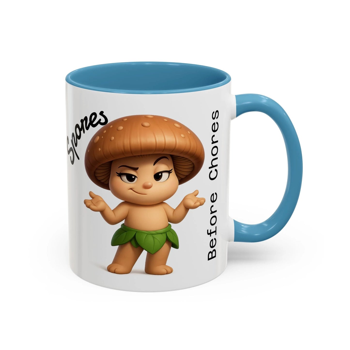 “Funny Mushroom Coffee Mug – Spores Before Chores" (11 oz) Right Side-Multiple Colors by Printify