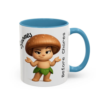 “Funny Mushroom Coffee Mug – Spores Before Chores" (11 oz) Right Side-Multiple Colors by Printify