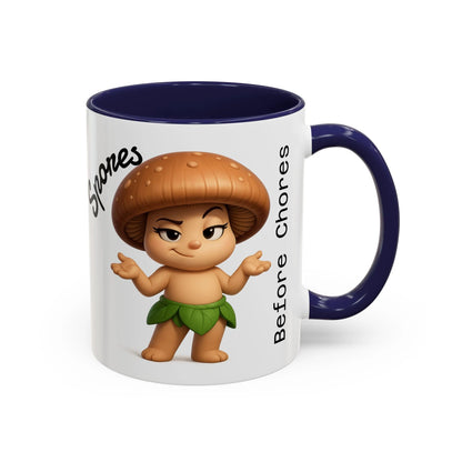 “Funny Mushroom Coffee Mug – Spores Before Chores" (11 oz) Right Side-Multiple Colors by Printify