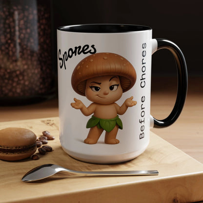 “Funny Mushroom Coffee Mug – Spores Before Chores" (15 oz) Right Side-Multiple Colors by Printify