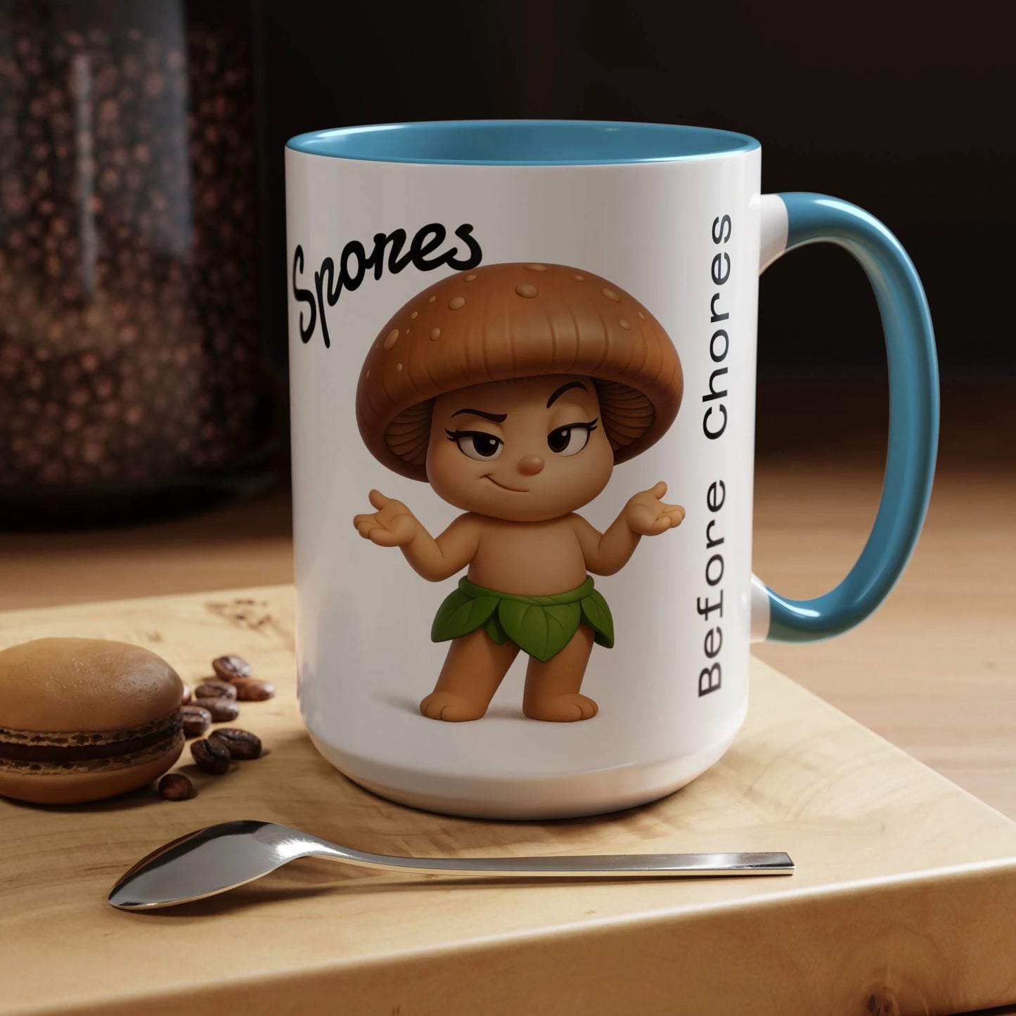 “Funny Mushroom Coffee Mug – Spores Before Chores" (15 oz) Right Side-Multiple Colors by Printify