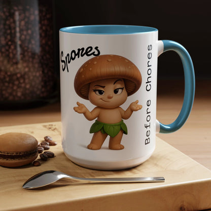 “Funny Mushroom Coffee Mug – Spores Before Chores" (15 oz) Right Side-Multiple Colors by Printify