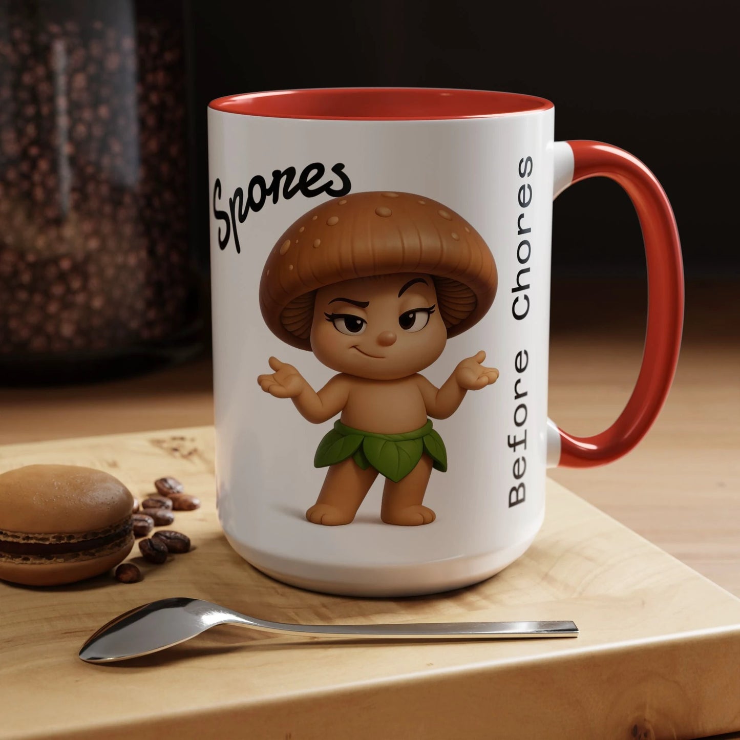 “Funny Mushroom Coffee Mug – Spores Before Chores" (15 oz) Right Side-Multiple Colors by Printify