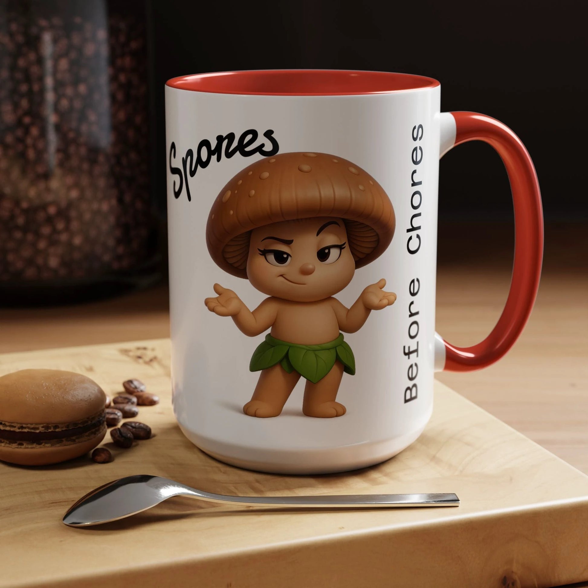 “Funny Mushroom Coffee Mug – Spores Before Chores" (15 oz) Right Side-Multiple Colors by Printify