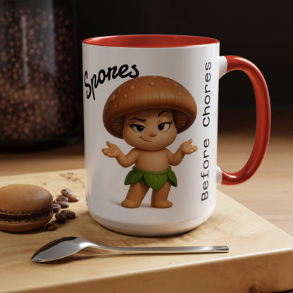 “Funny Mushroom Coffee Mug – Spores Before Chores" (15 oz) Right Side-Multiple Colors by Printify