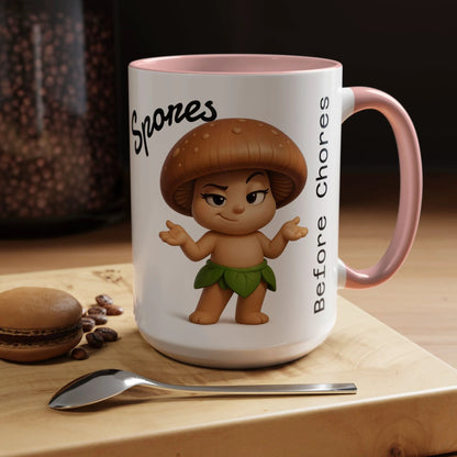“Funny Mushroom Coffee Mug – Spores Before Chores" (15 oz) Right Side-Multiple Colors by Printify