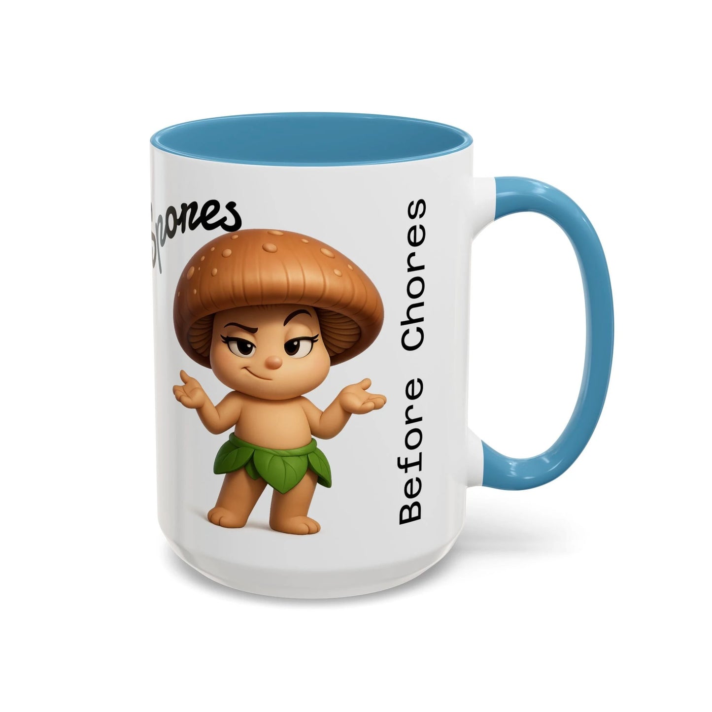 “Funny Mushroom Coffee Mug – Spores Before Chores" (15 oz) Right Side-Multiple Colors by Printify
