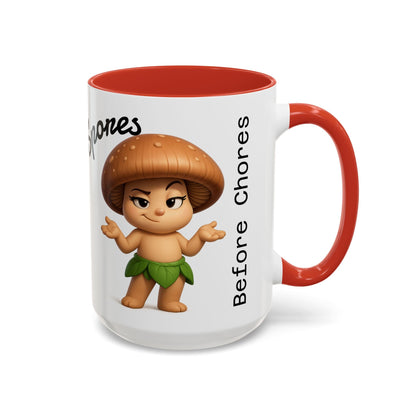 “Funny Mushroom Coffee Mug – Spores Before Chores" (15 oz) Right Side-Multiple Colors by Printify
