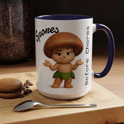 “Funny Mushroom Coffee Mug – Spores Before Chores" (15 oz) Right Side-Multiple Colors by Printify
