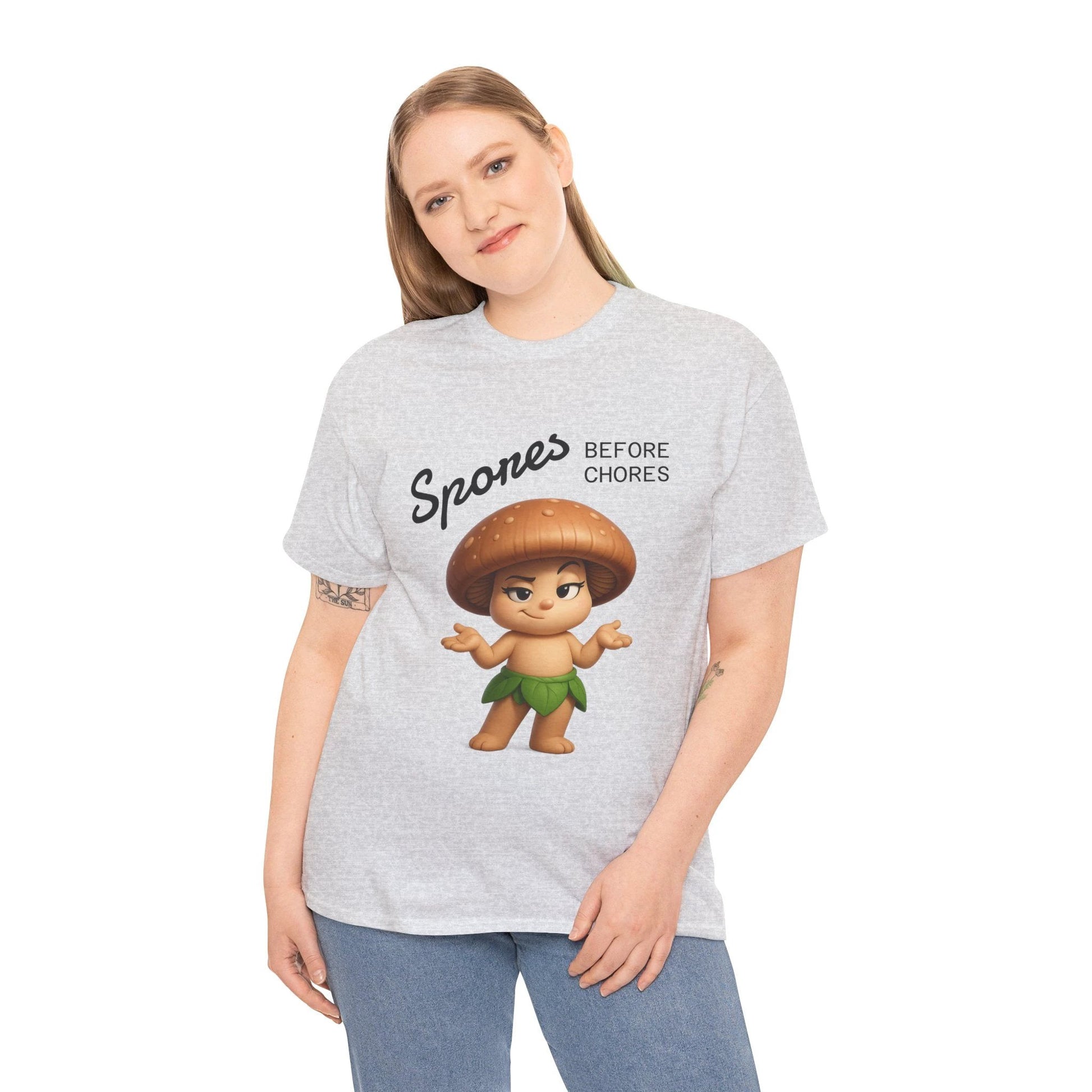 “Funny Cute Mushroom Sprout Tee Shirt – Spores Before Chores" Multiple Colors by Printify