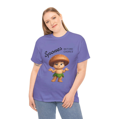 “Funny Cute Mushroom Sprout Tee Shirt – Spores Before Chores" Multiple Colors by Printify