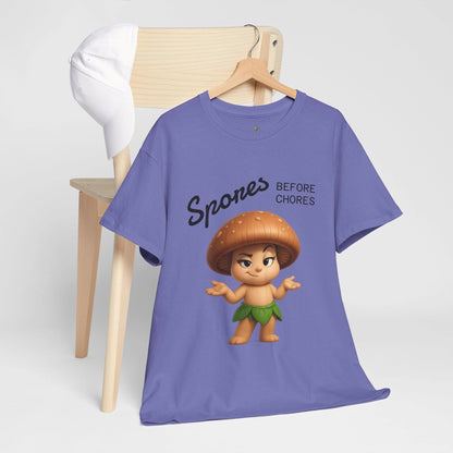 “Funny Cute Mushroom Sprout Tee Shirt – Spores Before Chores" Multiple Colors by Printify