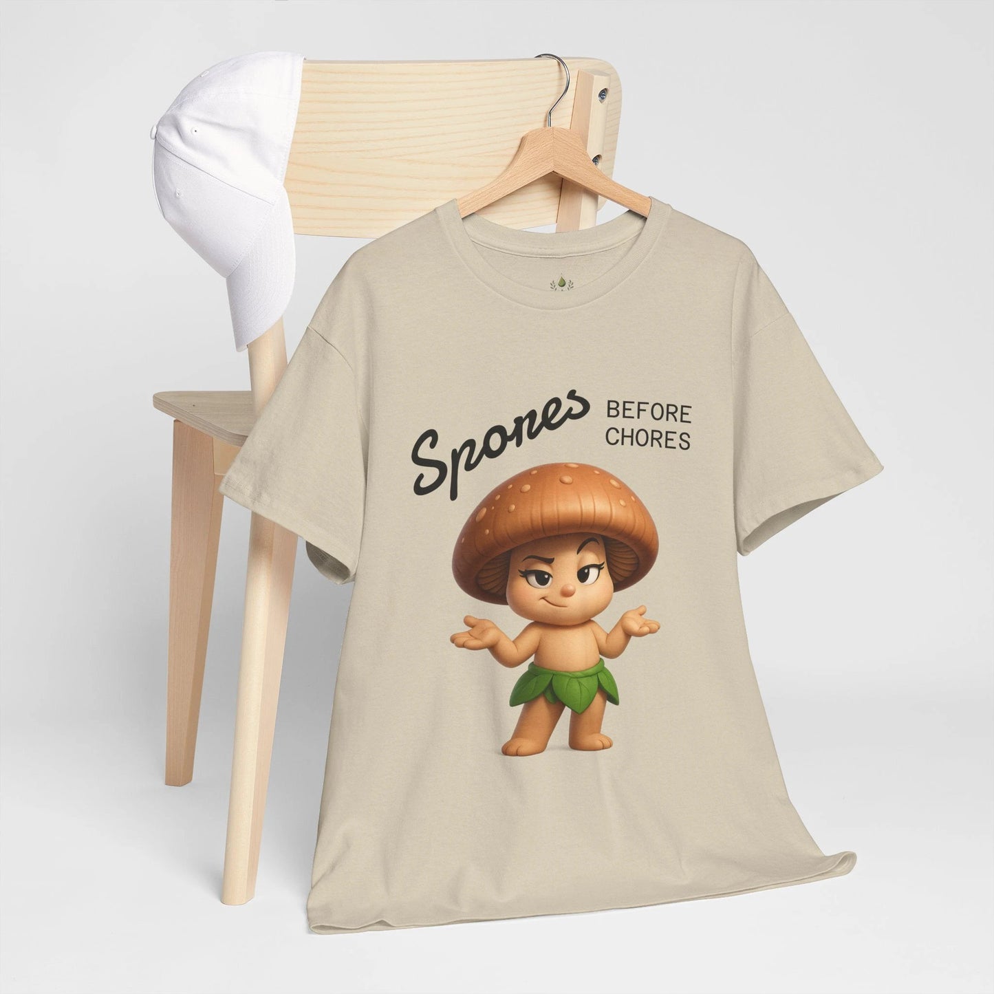 “Funny Cute Mushroom Sprout Tee Shirt – Spores Before Chores" Multiple Colors by Printify