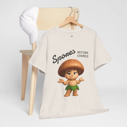 “Funny Cute Mushroom Sprout Tee Shirt – Spores Before Chores" Multiple Colors by Printify