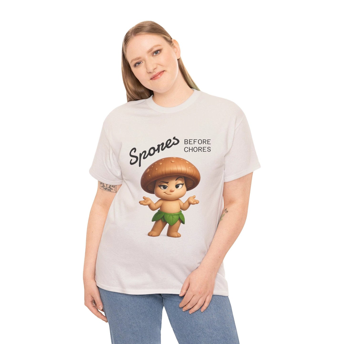 “Funny Cute Mushroom Sprout Tee Shirt – Spores Before Chores" Multiple Colors by Printify