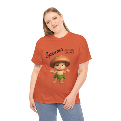 “Funny Cute Mushroom Sprout Tee Shirt – Spores Before Chores" Multiple Colors by Printify