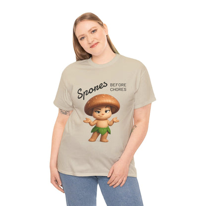 “Funny Cute Mushroom Sprout Tee Shirt – Spores Before Chores" Multiple Colors by Printify