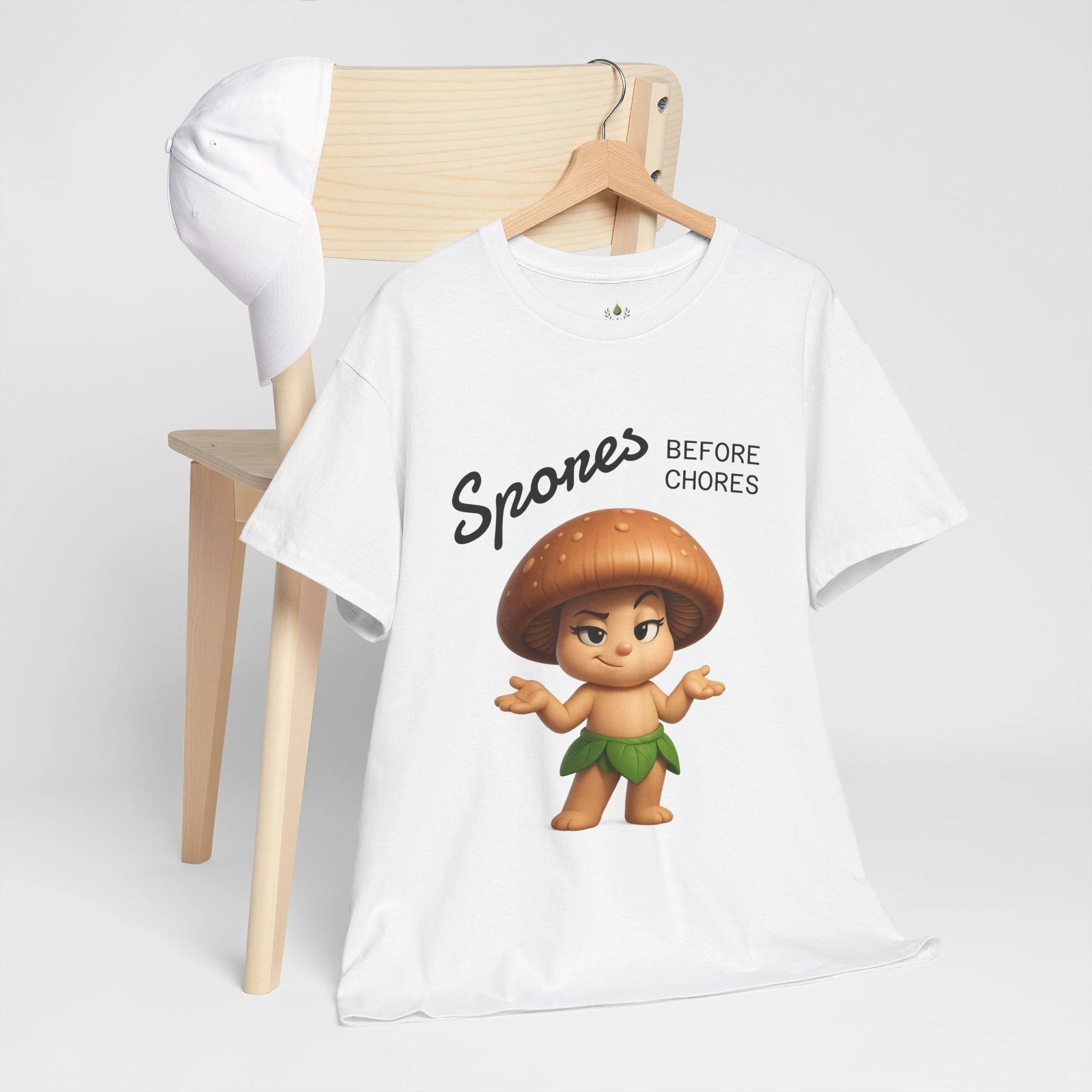 “Funny Cute Mushroom Sprout Tee Shirt – Spores Before Chores" Multiple Colors by Printify