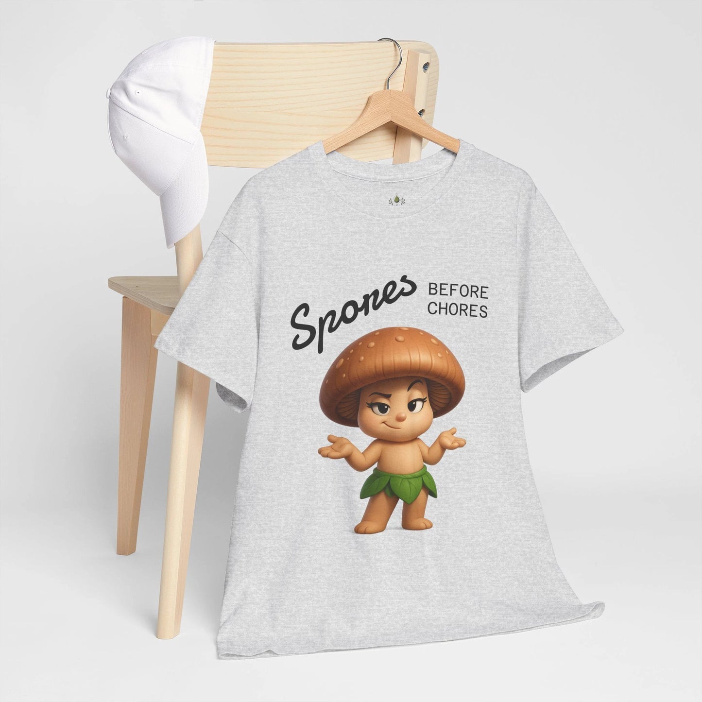 “Funny Cute Mushroom Sprout Tee Shirt – Spores Before Chores" Multiple Colors by Printify