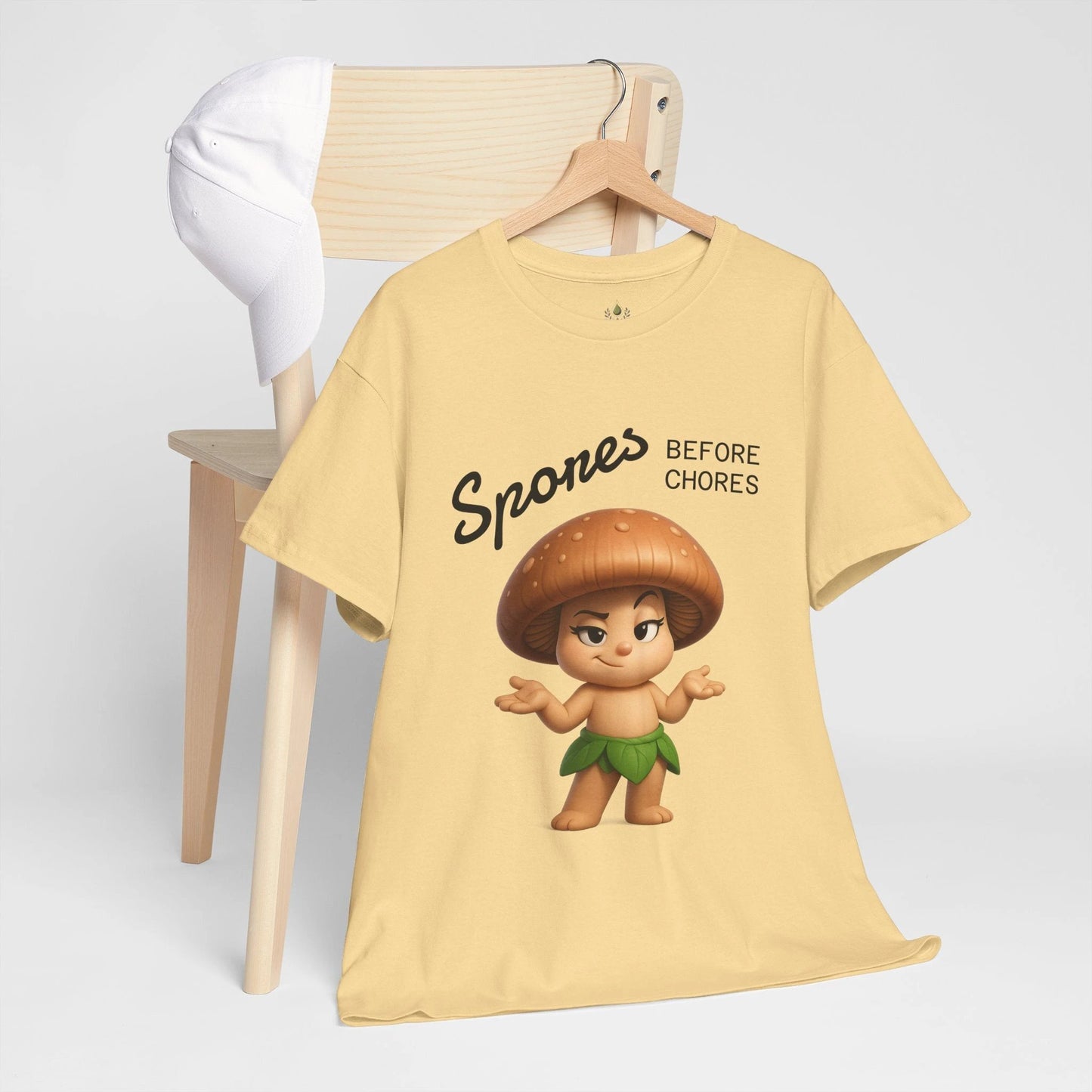 “Funny Cute Mushroom Sprout Tee Shirt – Spores Before Chores" Multiple Colors by Printify