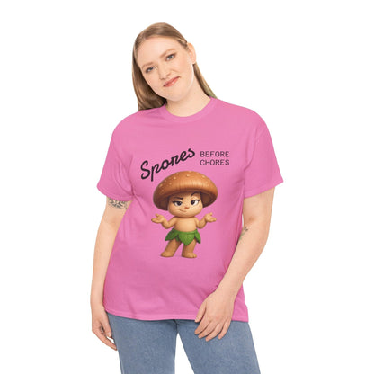 “Funny Cute Mushroom Sprout Tee Shirt – Spores Before Chores" Multiple Colors by Printify
