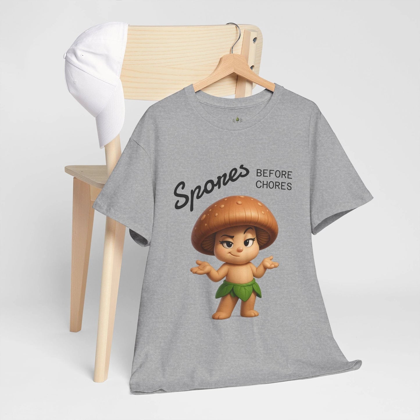 “Funny Cute Mushroom Sprout Tee Shirt – Spores Before Chores" Multiple Colors by Printify