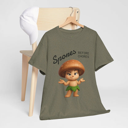 “Funny Cute Mushroom Sprout Tee Shirt – Spores Before Chores" Multiple Colors by Printify