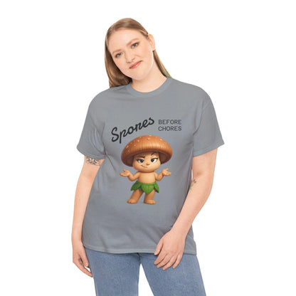 “Funny Cute Mushroom Sprout Tee Shirt – Spores Before Chores" Multiple Colors by Printify