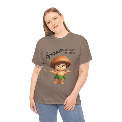 “Funny Cute Mushroom Sprout Tee Shirt – Spores Before Chores" Multiple Colors by Printify
