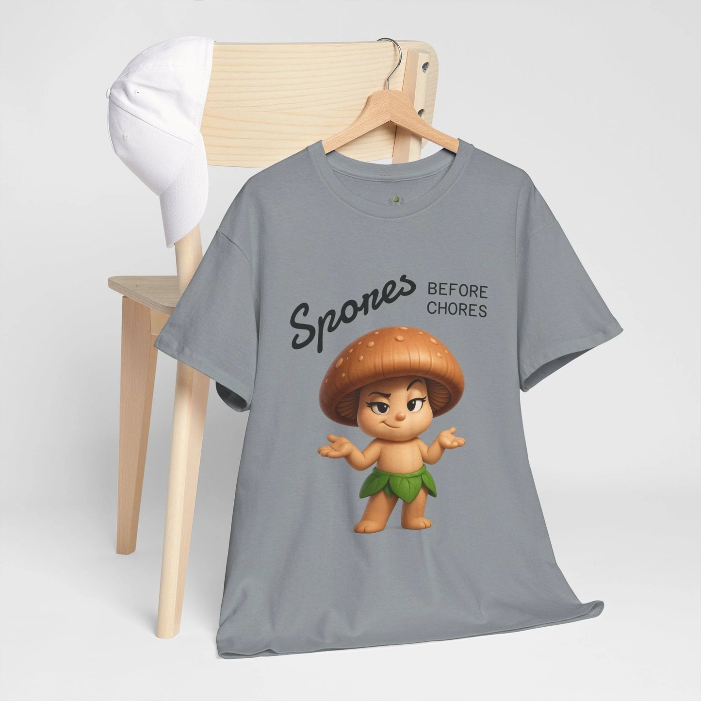 “Funny Cute Mushroom Sprout Tee Shirt – Spores Before Chores" Multiple Colors by Printify