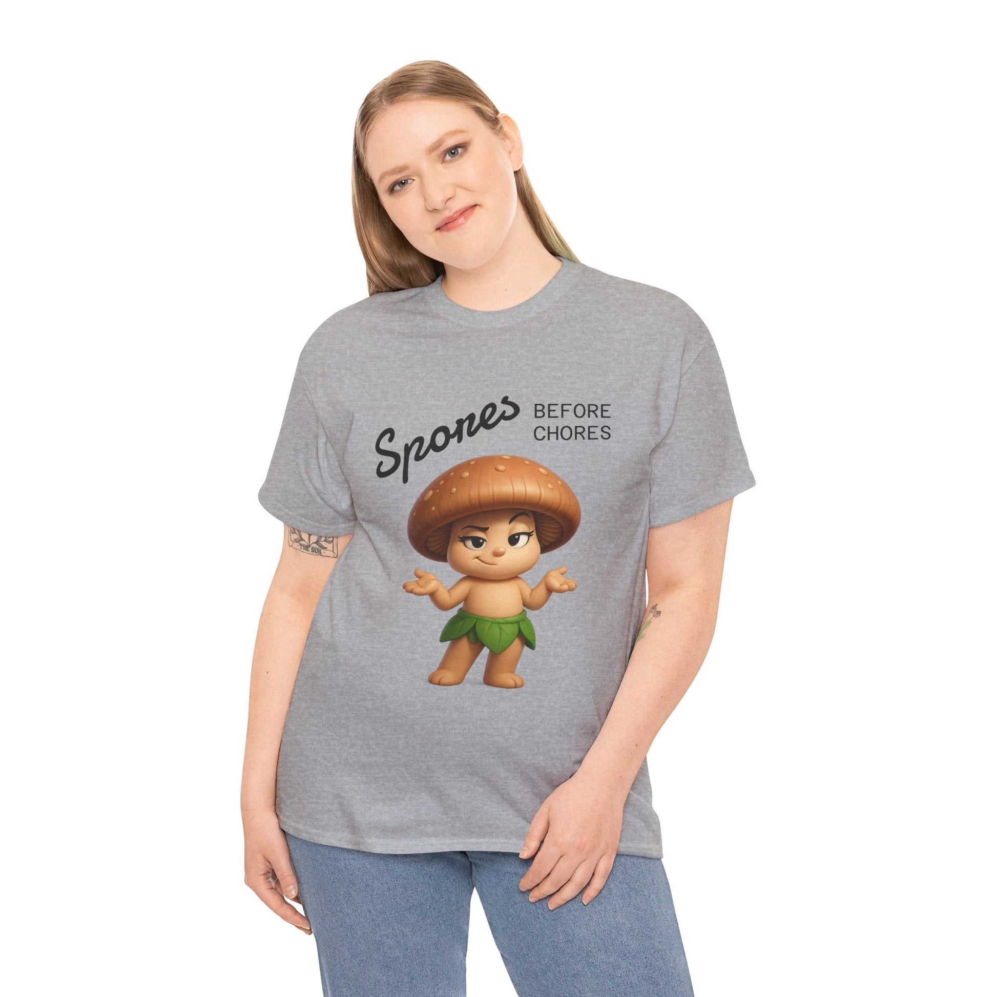 “Funny Cute Mushroom Sprout Tee Shirt – Spores Before Chores" Multiple Colors by Printify