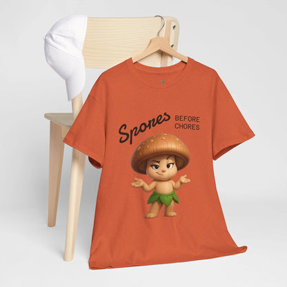 “Funny Cute Mushroom Sprout Tee Shirt – Spores Before Chores" Multiple Colors by Printify