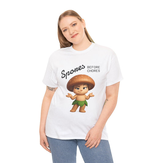 “Funny Cute Mushroom Sprout Tee Shirt – Spores Before Chores" Multiple Colors by Printify