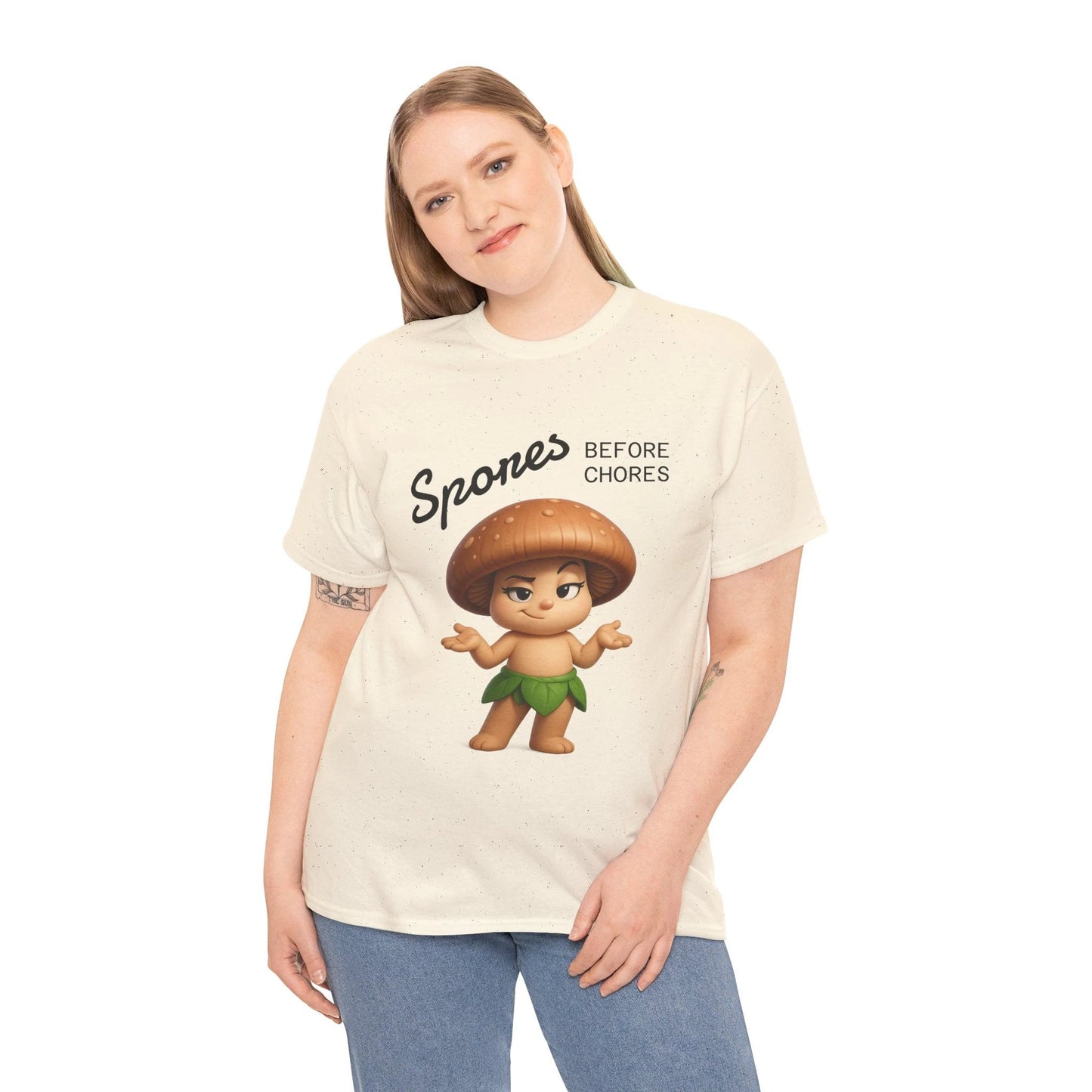 “Funny Cute Mushroom Sprout Tee Shirt – Spores Before Chores" Multiple Colors by Printify