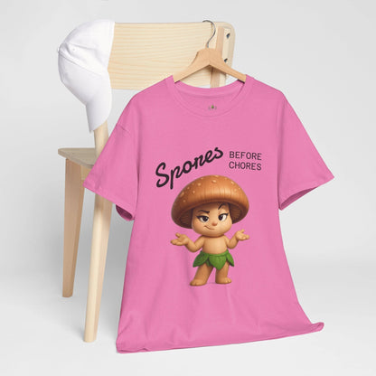 “Funny Cute Mushroom Sprout Tee Shirt – Spores Before Chores" Multiple Colors by Printify