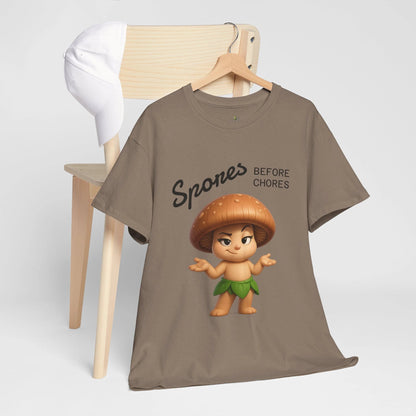 “Funny Cute Mushroom Sprout Tee Shirt – Spores Before Chores" Multiple Colors by Printify