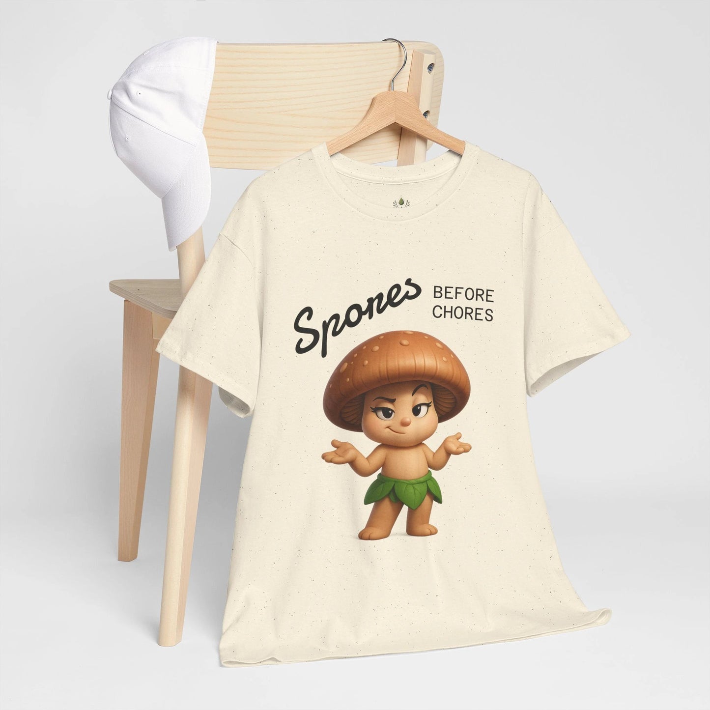 “Funny Cute Mushroom Sprout Tee Shirt – Spores Before Chores" Multiple Colors by Printify