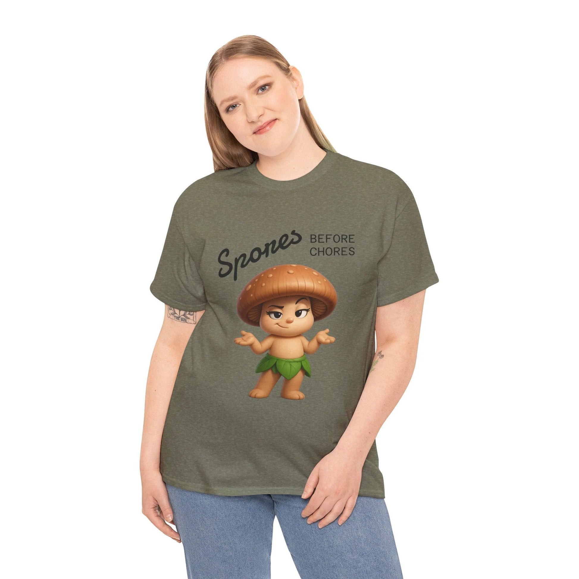 “Funny Cute Mushroom Sprout Tee Shirt – Spores Before Chores" Multiple Colors by Printify
