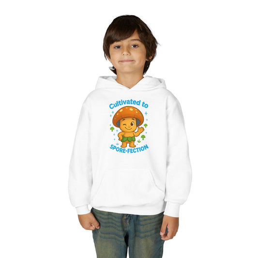 Youth Hoodie — "Cultivated to Spore-fection" Cute Mushroom Cartoon Personalized Hooded Sweatshirt by Printify