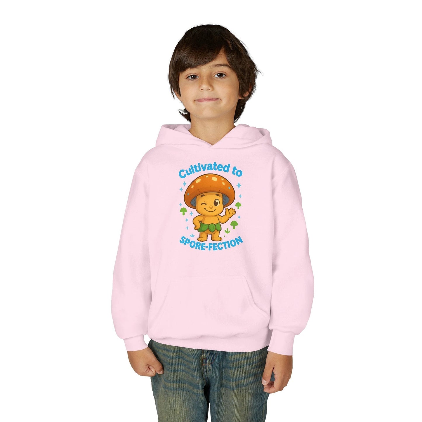 Youth Hoodie — "Cultivated to Spore-fection" Cute Mushroom Cartoon Personalized Hooded Sweatshirt by Printify