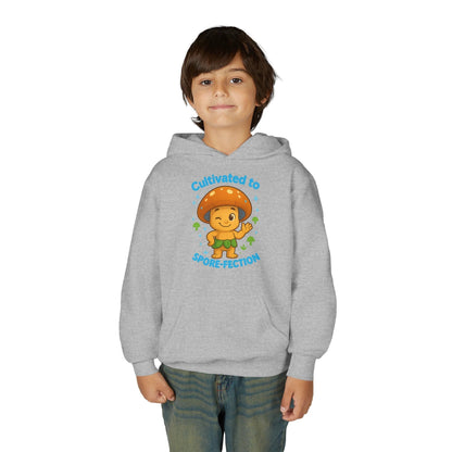 Youth Hoodie — "Cultivated to Spore-fection" Cute Mushroom Cartoon Personalized Hooded Sweatshirt by Printify